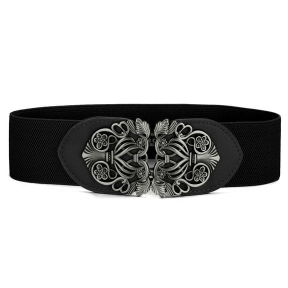 INSPIRE CHICRetro Knot Woven Metal Interlocking Buckle Elastic Waist Cinch Belt Band Floral Buckle-Black Band-Black Buckle 25"-37"