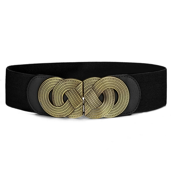 INSPIRE CHICRetro Knot Woven Metal Interlocking Buckle Elastic Waist Cinch Belt Band Round Buckle-Black Band-Bronze Buckle 25"-37"