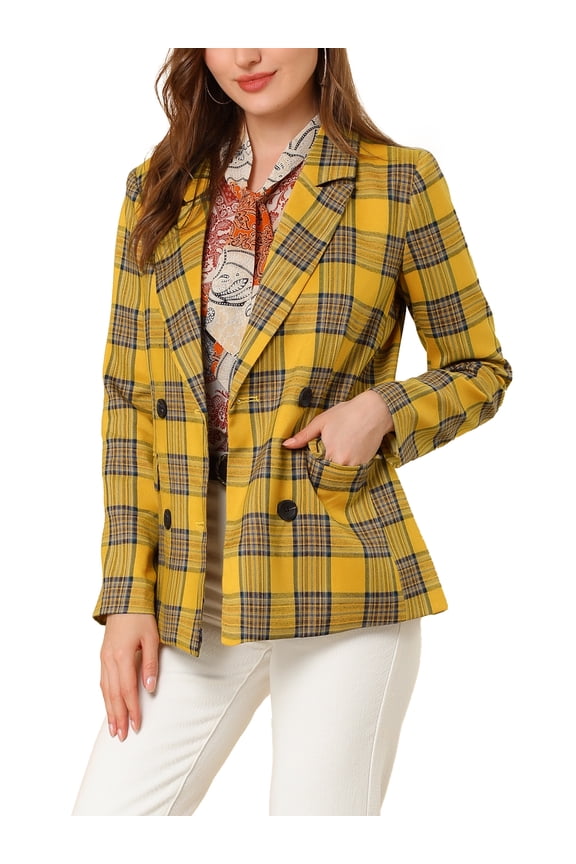 Women's Jacket Notched Lapel Double Breasted Padded Shoulder Blazer L Yellow