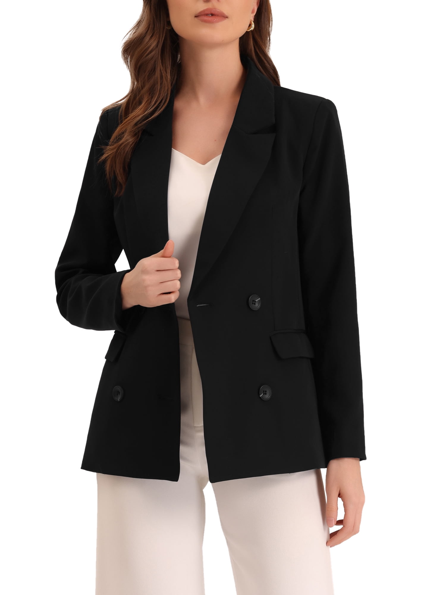 Double-Breasted Padded Shoulder Blazer with Pockets