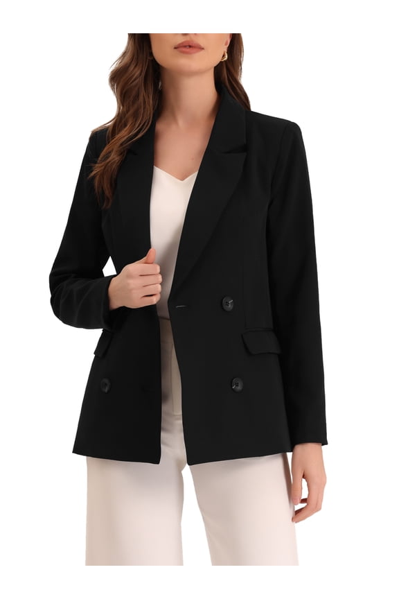 Women's Jacket Notched Lapel Double Breasted Padded Shoulder Blazer XS Black-Solid