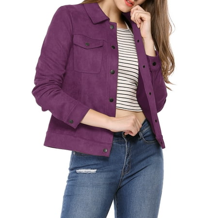 INSPIRE CHIC Women's Turn-Down Collar Flap Pockets Snap Button Faux Suede Jacket XS Purple