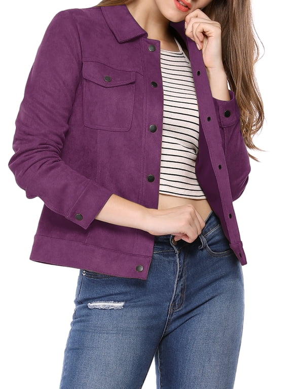 Women's Turn-Down Collar Flap Pockets Snap Button Faux Suede Jacket XL Purple