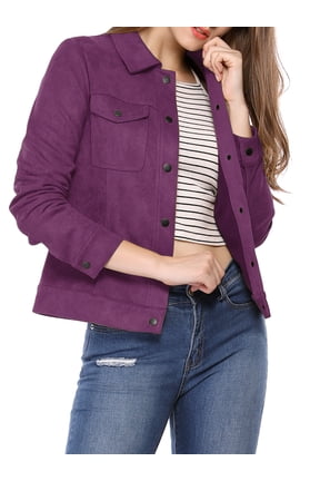 Women's Back to School Turn-Down Collar Flap Pockets Snap Button Faux Suede Jacket M Purple