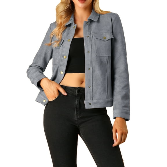 INSPIRE CHIC Women's Turn-Down Collar Flap Pockets Snap Button Faux Suede Jacket M Gray