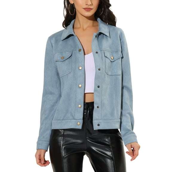 INSPIRE CHIC Women's Turn-Down Collar Flap Pockets Snap Button Faux Suede Jacket L Light Blue