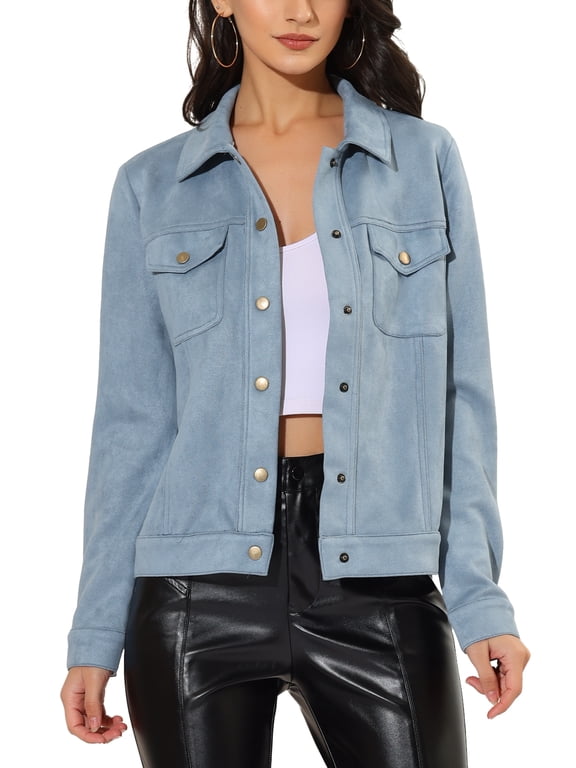 Women's Turn-Down Collar Flap Pockets Snap Button Faux Suede Jacket L Light Blue