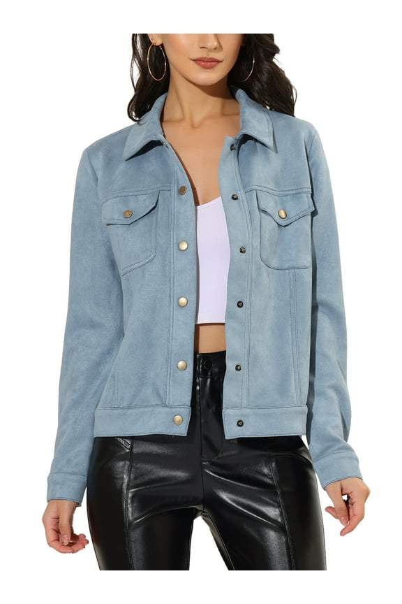 Women's Turn-Down Collar Flap Pockets Snap Button Faux Suede Jacket L Light Blue