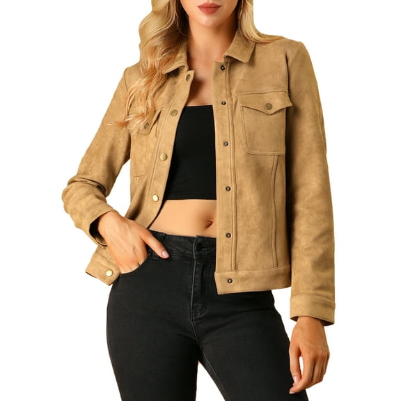 INSPIRE CHIC Women's Turn-Down Collar Flap Pockets Snap Button Faux Suede Jacket 3XL Brown