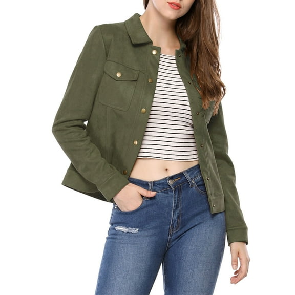INSPIRE CHIC Women's Turn-Down Collar Flap Pockets Snap Button Faux Suede Jacket M Army Green