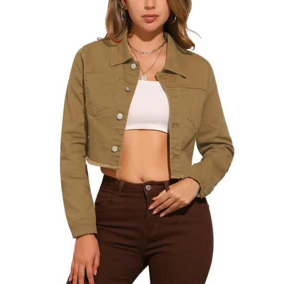 INSPIRE CHIC Women's Jean Jacket Frayed Button Up Washed Cropped Denim Jacket Dark Brown L