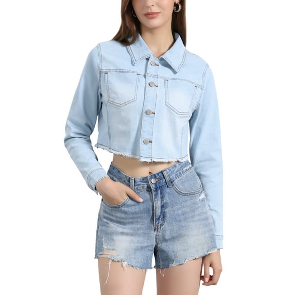 INSPIRE CHIC Women's Jean Jacket Frayed Button Up Washed Cropped Denim Jacket Sky Blue M