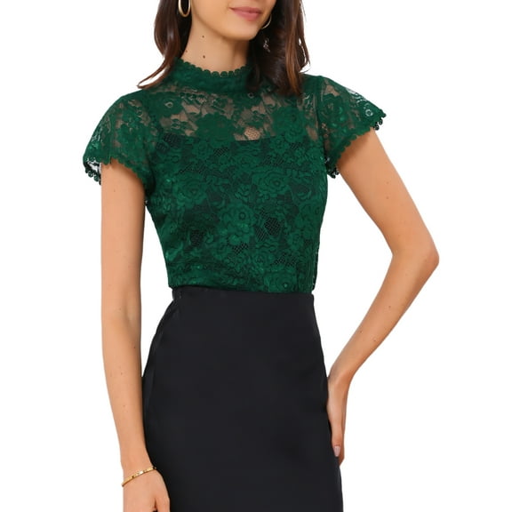 INSPIRE CHIC Valentine's Day Women's Keyhole Back Top Short Sleeve Stand Collar Semi Sheer Blouse L Green