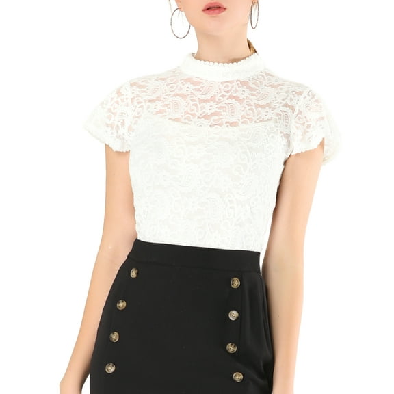 INSPIRE CHIC Women's Keyhole Back Top Short Sleeve Stand Collar Semi Sheer Blouse XS White