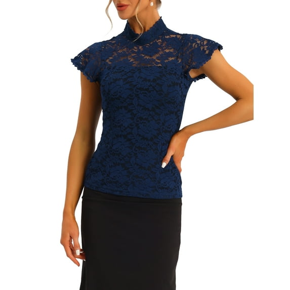 INSPIRE CHIC Valentine's Day Women's Keyhole Back Top Short Sleeve Stand Collar Semi Sheer Blouse S Navy Blue