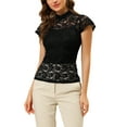 thumbnail image 1 of INSPIRE CHIC Valentine's Day Women's Keyhole Back Top Short Sleeve Stand Collar Semi Sheer Blouse XS Black, 1 of 7