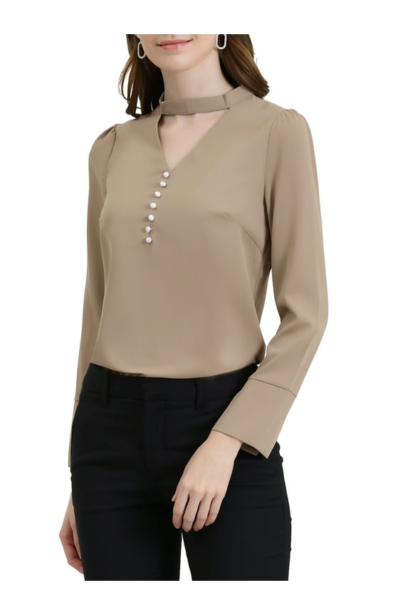 Women's Keyhole Stand Collar Blouse Long Sleeve Button Front Shirt Top Apricot XL