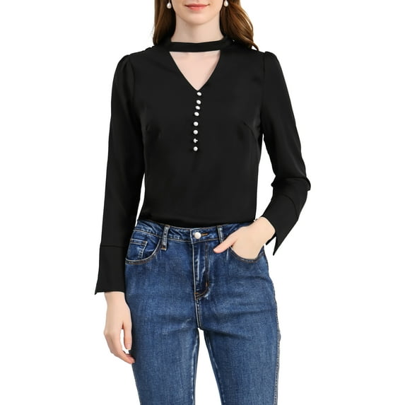 Allegra K Women's Keyhole Stand Collar Blouse Long Sleeve Button Front Shirt Top