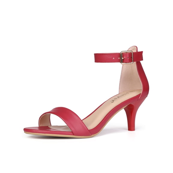 BLISSFUL STEP Women's Shoes Kitten Heel Ankle Strap Open Toe Sandals Red 10