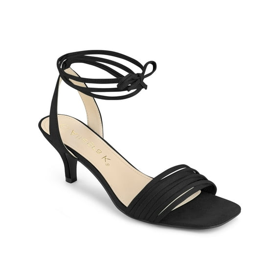 BLISSFUL STEP Women's Shoes Lace-Up Kitten Heel Open Toe Slingback Sandals Black 5.5