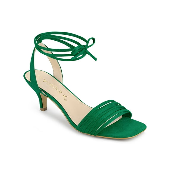 BLISSFUL STEP Women's Shoes Lace-Up Kitten Heel Open Toe Slingback Sandals Green 7