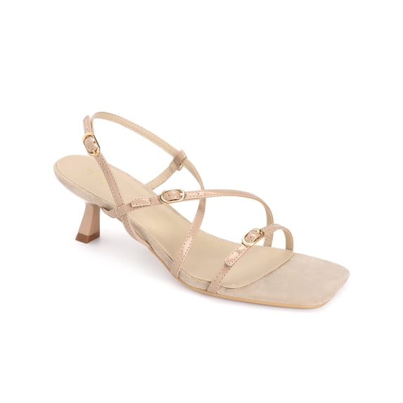 BLISSFUL STEP Women's Back to School Strappy Kitten Heel Sandals Square Toe Buckle Slingback Shoes Nude 11