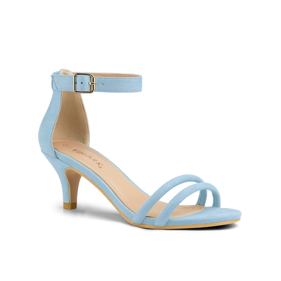 BLISSFUL STEP Women's Shoes Faux Suede Ankle Strap Kitten Heel Slide Straps Solid Sandals  Sky Blue 9.5