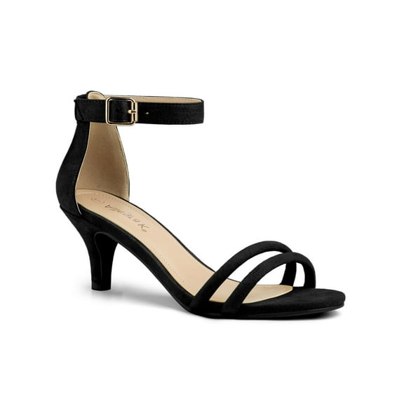 BLISSFUL STEP Women's Shoes Faux Suede Ankle Strap Kitten Heel Slide Straps Solid Sandals  Black 9.5