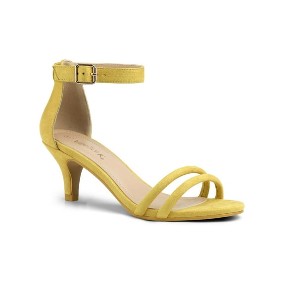 BLISSFUL STEP Women's Shoes Faux Suede Ankle Strap Kitten Heel Slide Straps Solid Sandals  Yellow 9