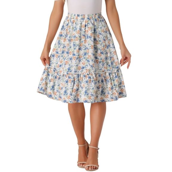 INSPIRE CHIC Women's Skirts Knee Length Elastic Waist A-Line Flowy Tiered Ruffle Floral Skirt M Blue White