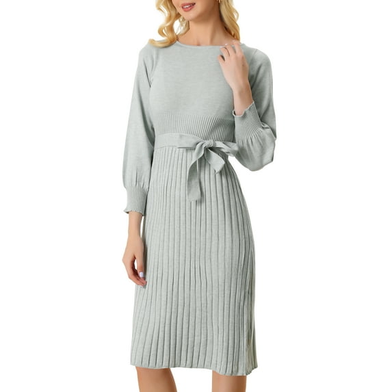 INSPIRE CHIC Women's Knit Belted Dress Crew Neck Lantern Sleeves Casual Pleated Sweater Midi Dresses