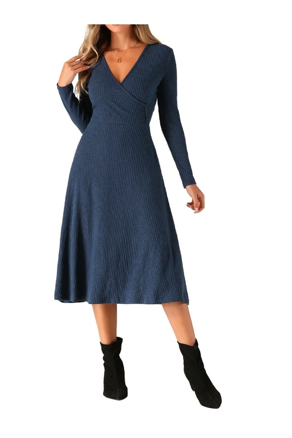 Women's Knit V Neck Long Sleeve A-Line Wrap Ribbed Dress