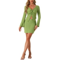 INSPIRE CHIC Women's Knitted 2 Pieces Outfits Twist V Neck Bell Sleeves Top and Mini Skirt Sets Green M