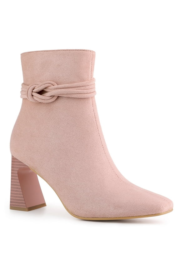 Women's Knot Decor Square Toe Side Zip Block Heels Ankle Boots Dust Pink 9.5