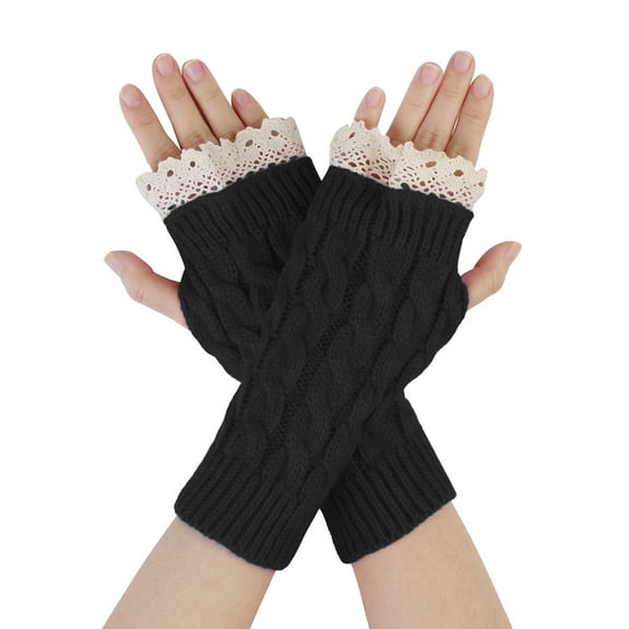 INSPIRE CHIC Women's Lace Arm Warmer Thumbhole Stretchy Knit Fingerless Gloves Black-Lace One Size