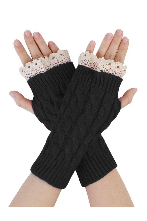 Women's Lace Arm Warmer Thumbhole Stretchy Knit Fingerless Gloves Black-Lace One Size