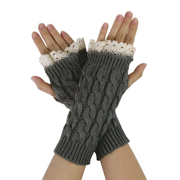INSPIRE CHIC Women's Lace Arm Warmer Thumbhole Stretchy Knit Fingerless Gloves Dark Gray-Lace One Size
