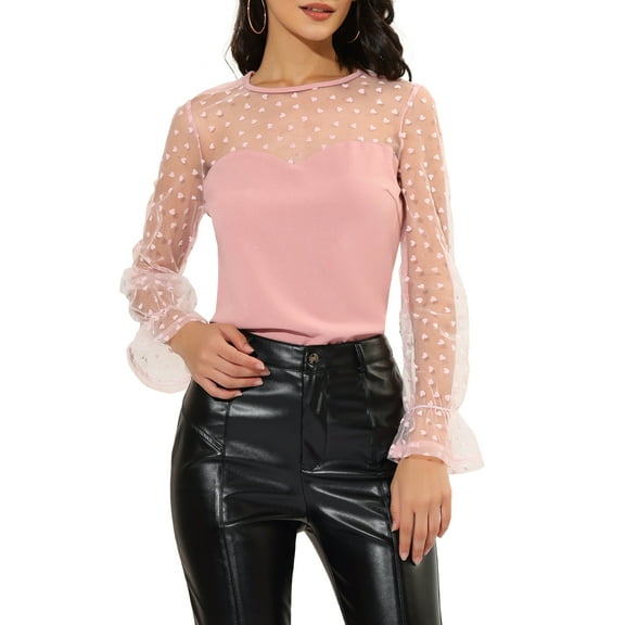 INSPIRE CHIC Women's Lace Bell Mesh Long Sleeve Round Neck Heart Dots Print Top Blouse M Pink