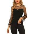 thumbnail image 1 of INSPIRE CHIC Women's Lace Bell Mesh Long Sleeve Round Neck Heart Dots Print Top Blouse S Black, 1 of 8