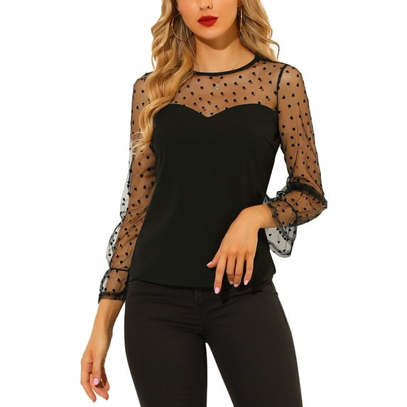 INSPIRE CHIC Women's Lace Bell Mesh Long Sleeve Round Neck Heart Dots Print Top Blouse S Black