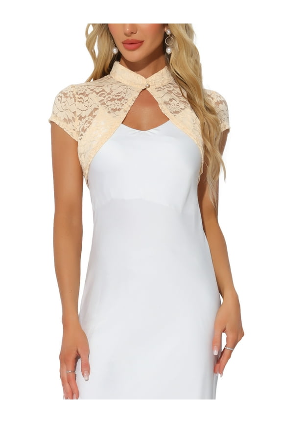 Women's Lace Bolero Shrug Stand Collar Button Short Sleeve Shoulder Cover Up L Apricot