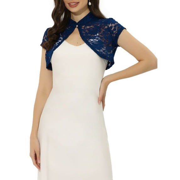 INSPIRE CHIC Women's Lace Bolero Shrug Stand Collar Button Short Sleeve Shoulder Cover Up L Dark Blue