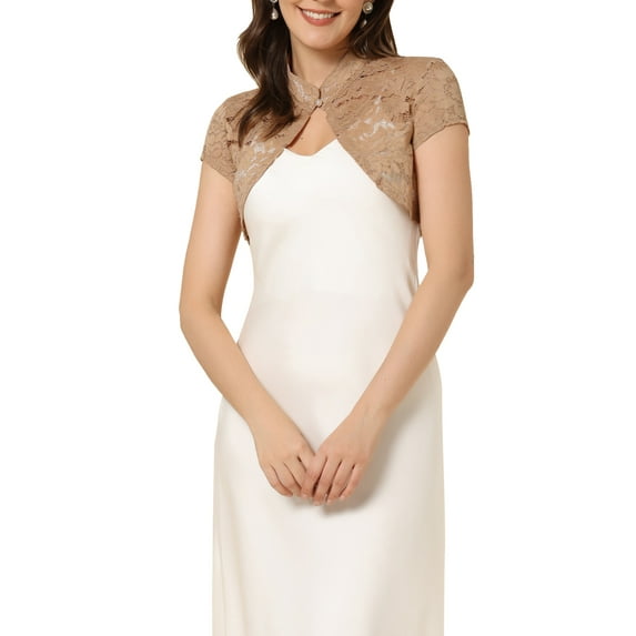 INSPIRE CHIC Women's Lace Bolero Shrug Stand Collar Button Short Sleeve Shoulder Cover Up L Khaki
