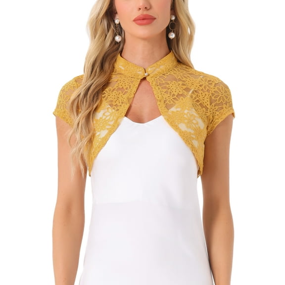 INSPIRE CHIC Women's Lace Bolero Shrug Stand Collar Button Short Sleeve Shoulder Cover Up L Yellow