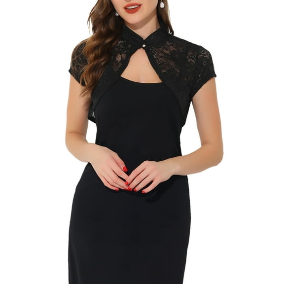 INSPIRE CHIC Women's Lace Bolero Shrug Stand Collar Button Short Sleeve Shoulder Cover Up S Black