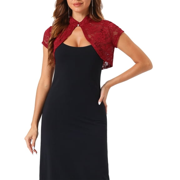 INSPIRE CHIC Women's Lace Bolero Shrug Stand Collar Button Short Sleeve Shoulder Cover Up S Dark Red