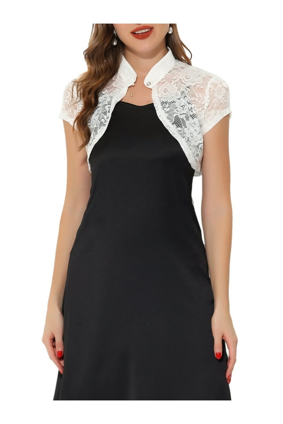 Women's Lace Bolero Shrug Stand Collar Button Short Sleeve Shoulder Cover Up S White