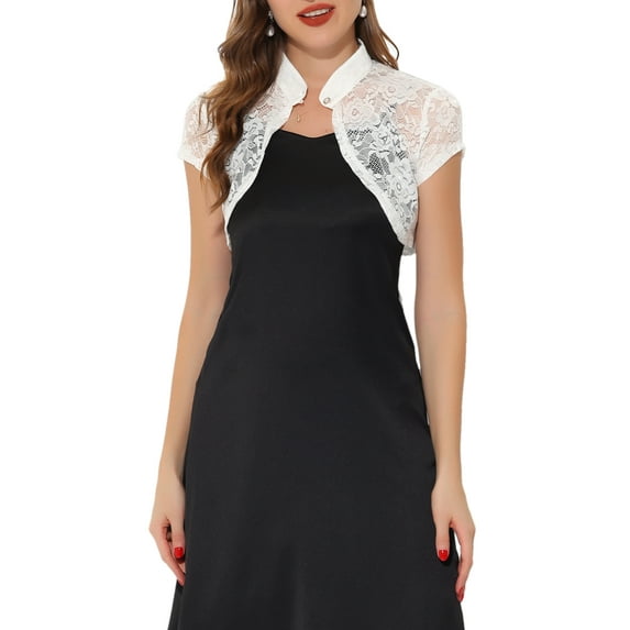 INSPIRE CHIC Women's Lace Bolero Shrug Stand Collar Button Short Sleeve Shoulder Cover Up S White