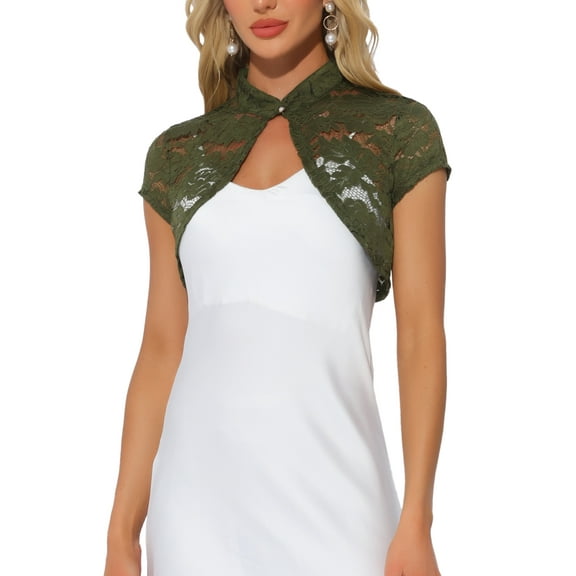 INSPIRE CHIC Women's Lace Bolero Shrug Stand Collar Button Short Sleeve Shoulder Cover Up XL Army Green
