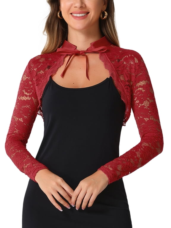 Women's Lace Cropped Shrugs Stand Collar Elegant Crochet Sheer Bolero L Red